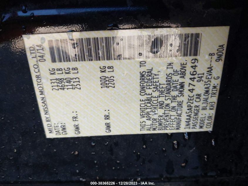 2014 NISSAN MAXIMA 3.5 S - 1N4AA5AP2EC474649