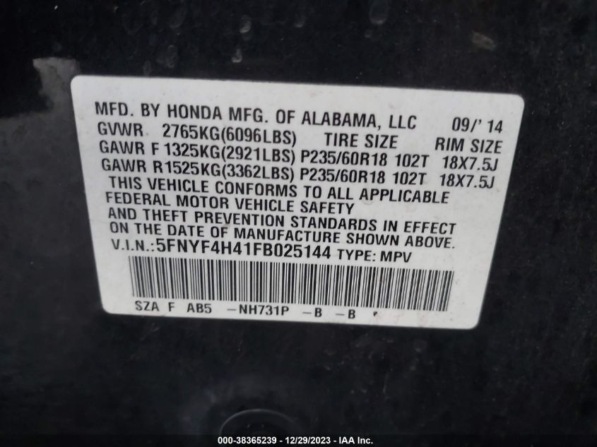 2015 HONDA PILOT EX - 5FNYF4H41FB025144