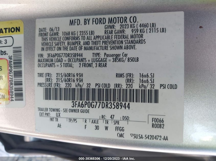 2013 FORD FUSION S - 3FA6P0G77DR358944