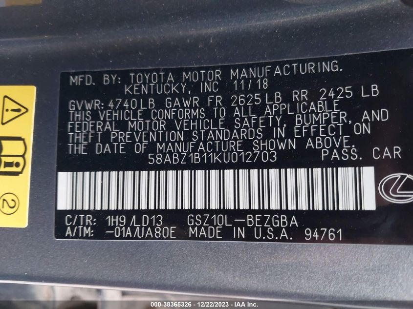 2019 LEXUS ES 350 - 58ABZ1B11KU012703