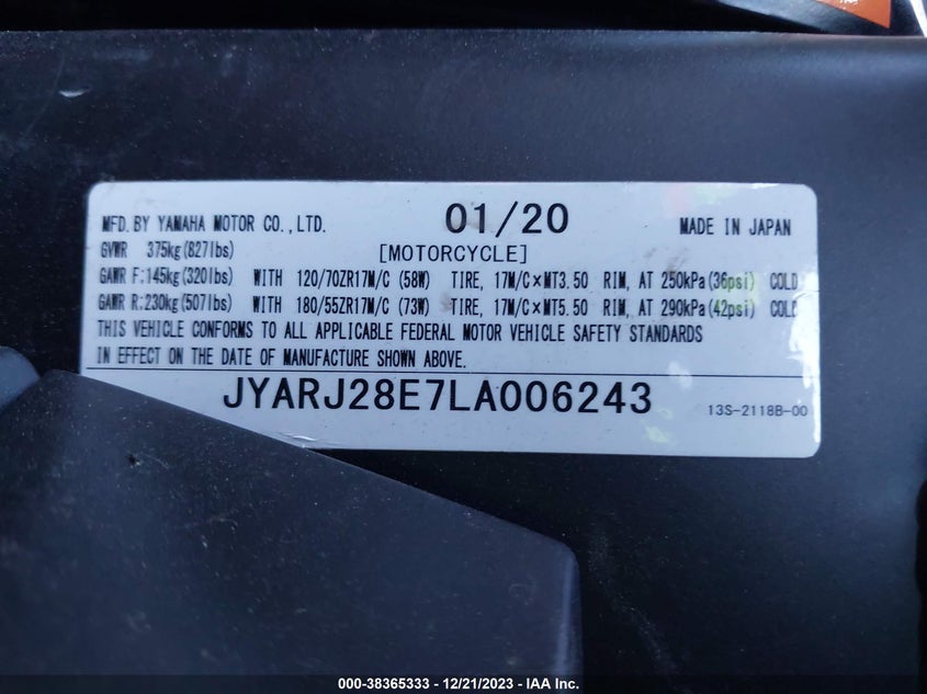 VIN JYARJ28E7LA006243 2020 YAMAHA YZFR6