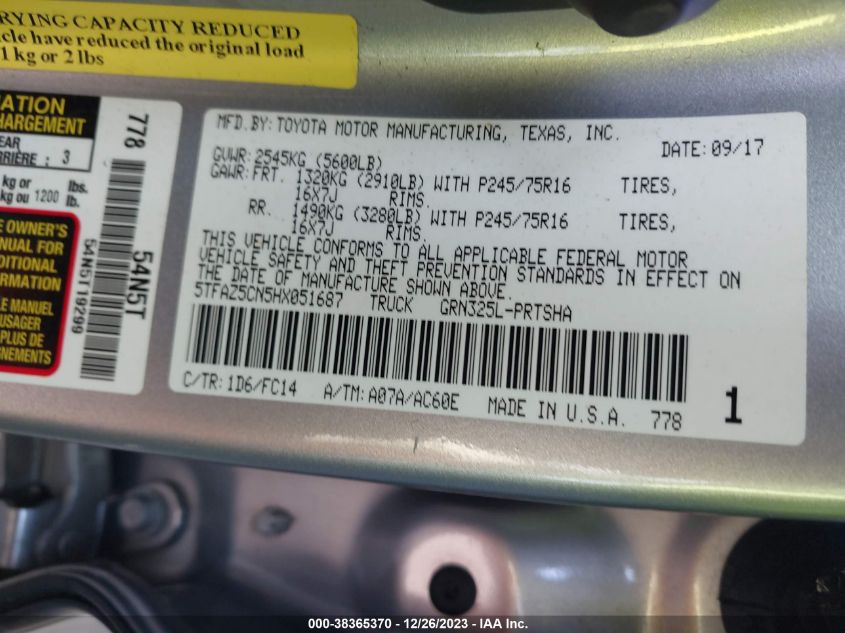 2017 TOYOTA TACOMA DBL CAB/SR5/TRD SPORT/OR - 5TFAZ5CN5HX051687