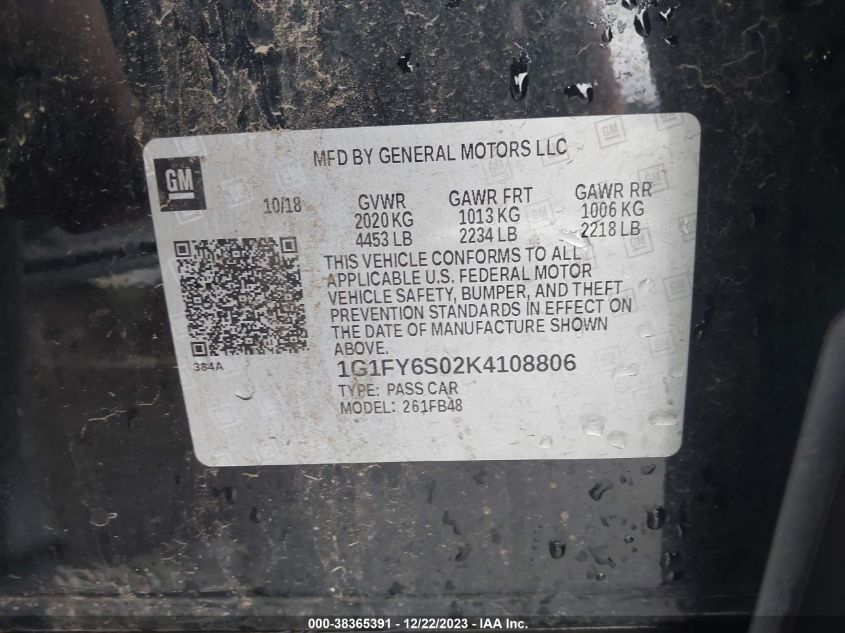 2019 CHEVROLET BOLT EV LT - 1G1FY6S02K4108806