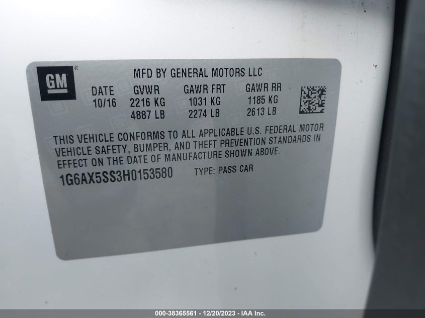 VIN 1G6AX5SS3H0153580 2017 CADILLAC CTS LUXURY