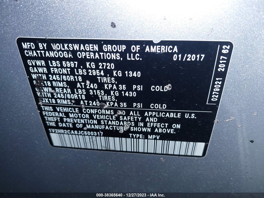 VIN 1V2HR2CA8JC500317 2018 VOLKSWAGEN ATLAS