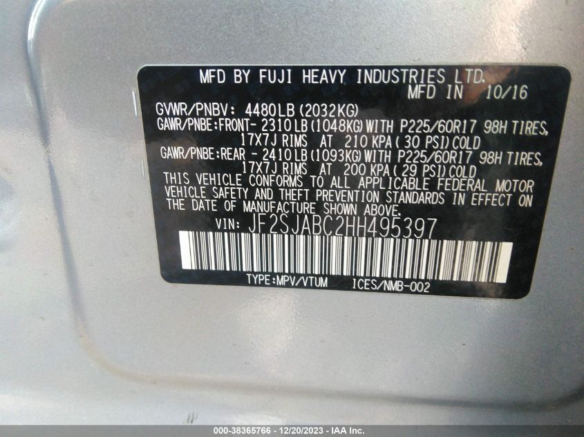 2017 SUBARU FORESTER 2.5I - JF2SJABC2HH495397