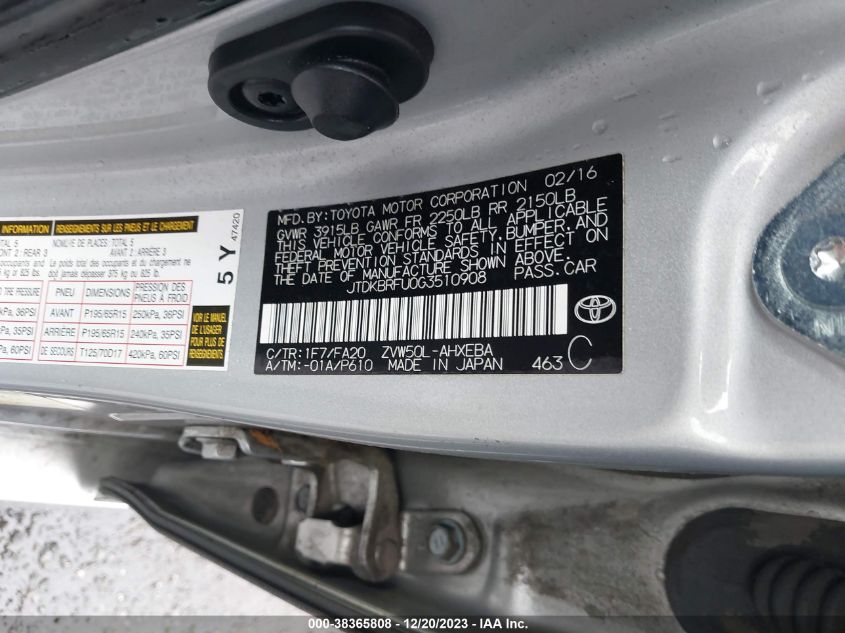 2016 TOYOTA PRIUS - JTDKBRFU0G3510908