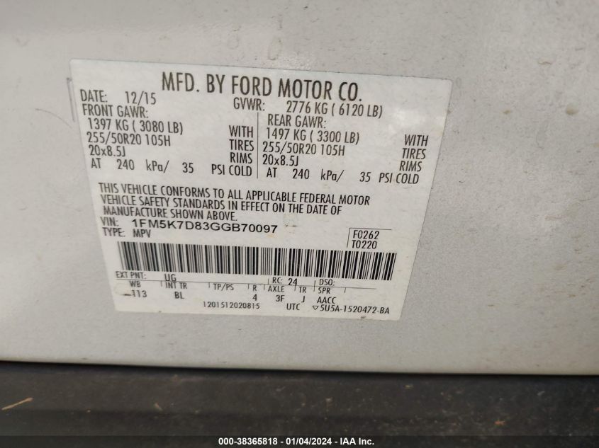 2016 FORD EXPLORER XLT - 1FM5K7D83GGB70097
