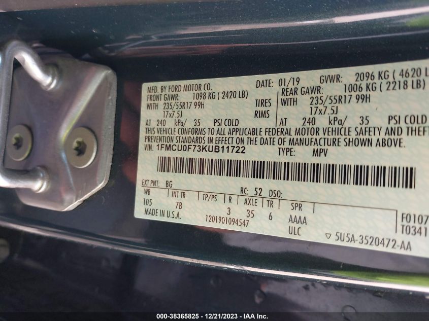 2019 FORD ESCAPE S - 1FMCU0F73KUB11722