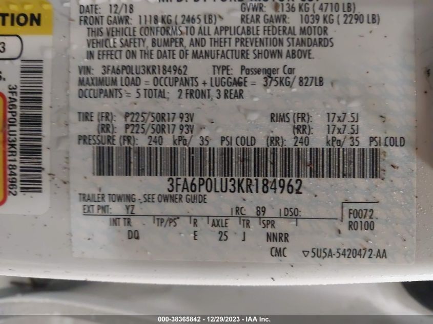 2019 FORD FUSION HYBRID SE - 3FA6P0LU3KR184962