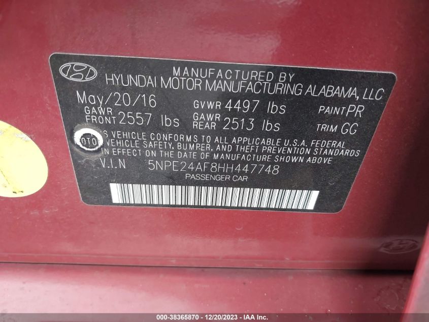 2017 HYUNDAI SONATA - 5NPE24AF8HH447748