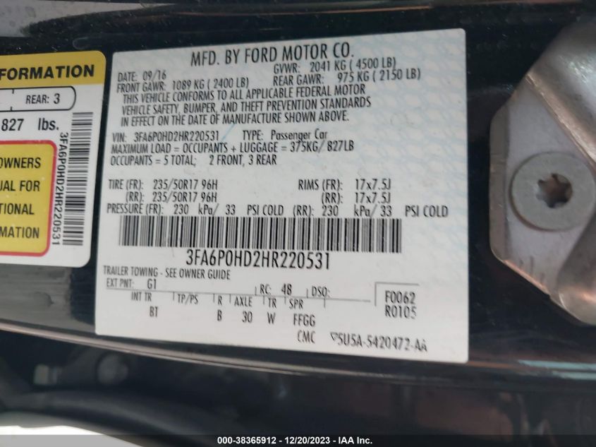 2017 FORD FUSION SE - 3FA6P0HD2HR220531