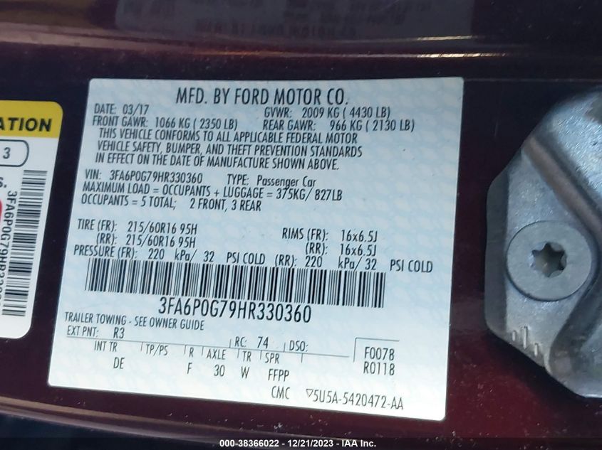 2017 FORD FUSION S - 3FA6P0G79HR330360
