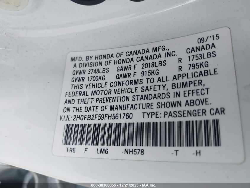 2015 HONDA CIVIC LX - 2HGFB2F59FH561760