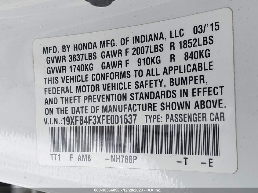 2015 HONDA CIVIC HYBRID - 19XFB4F3XFE001637