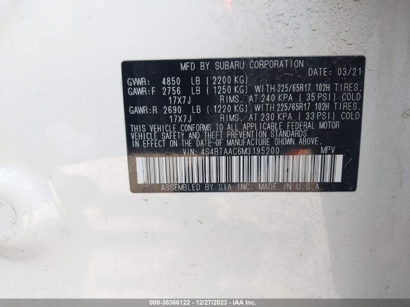 2021 SUBARU OUTBACK - 4S4BTAAC6M3195200