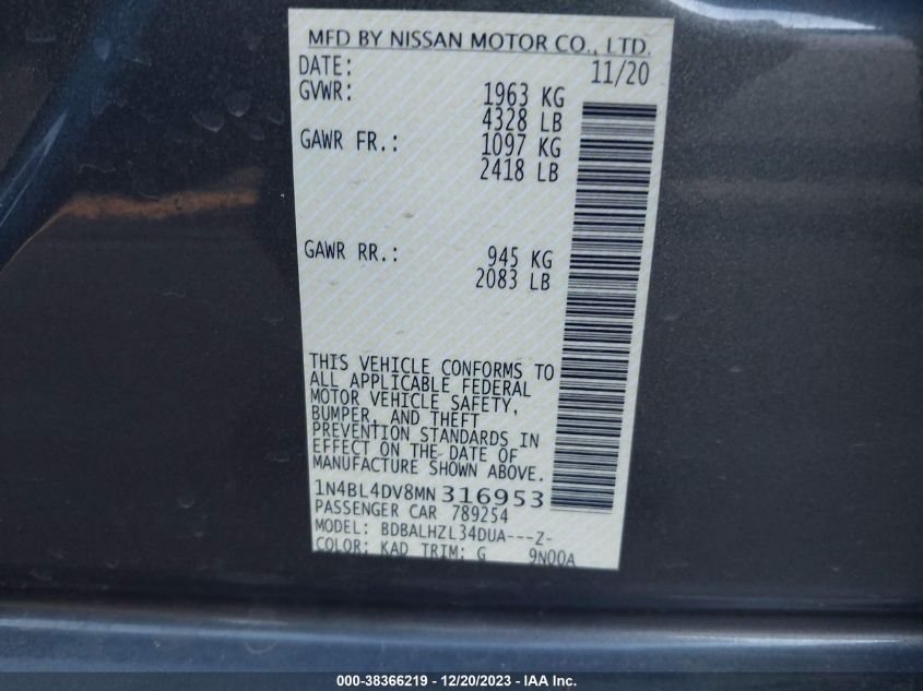 2021 NISSAN ALTIMA SV FWD - 1N4BL4DV8MN316953