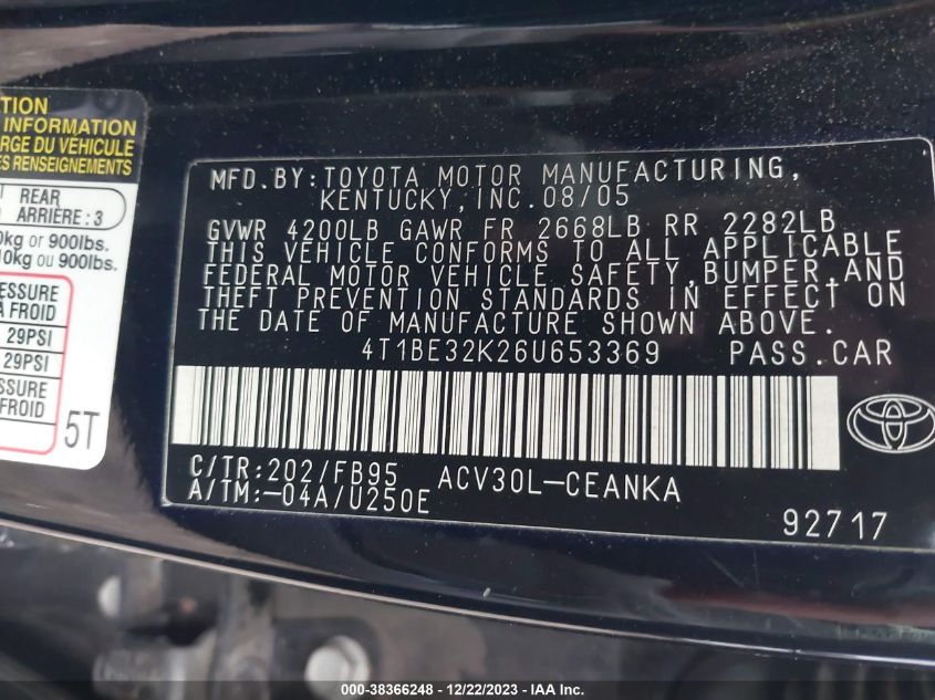 4T1BE32K26U653369 | 2006 TOYOTA CAMRY