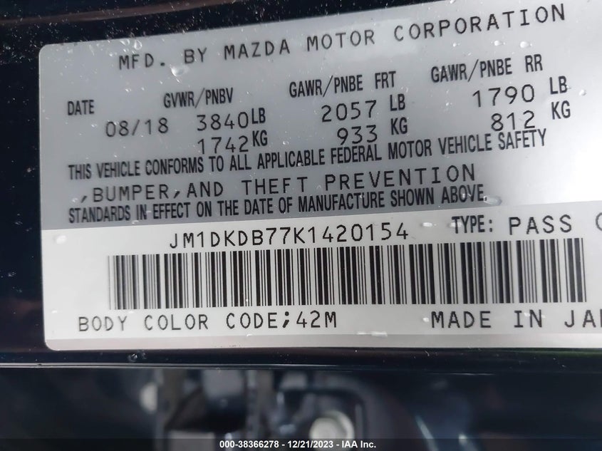 VIN JM1DKDB77K1420154 2019 MAZDA CX-3 SPORT