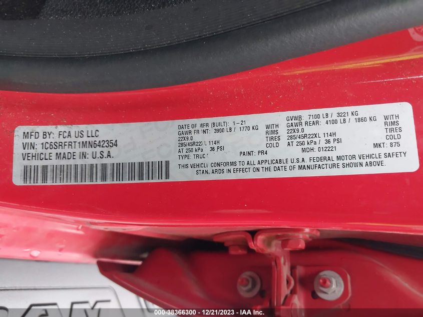 2021 RAM 1500 LARAMIE - 1C6SRFRT1MN642354