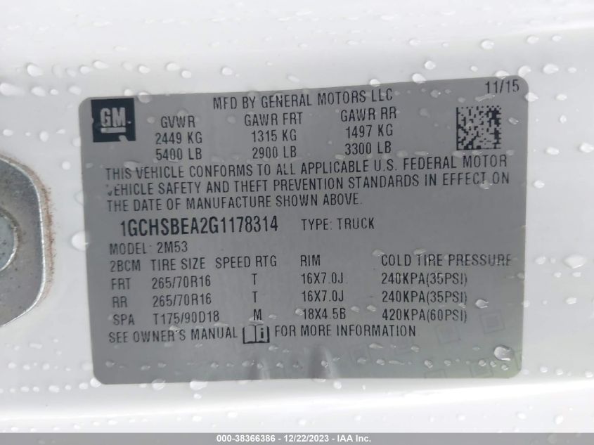 2016 CHEVROLET COLORADO - 1GCHSBEA2G1178314