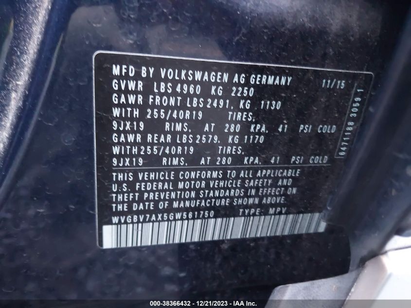 2016 VOLKSWAGEN TIGUAN S/SE/SEL/R-LINE - 0WVGBV7AX5GW56175
