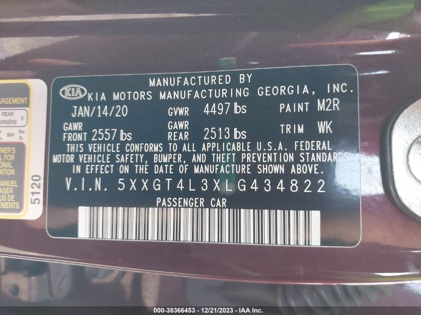 2020 KIA OPTIMA LX/S/SE - 5XXGT4L3XLG434822