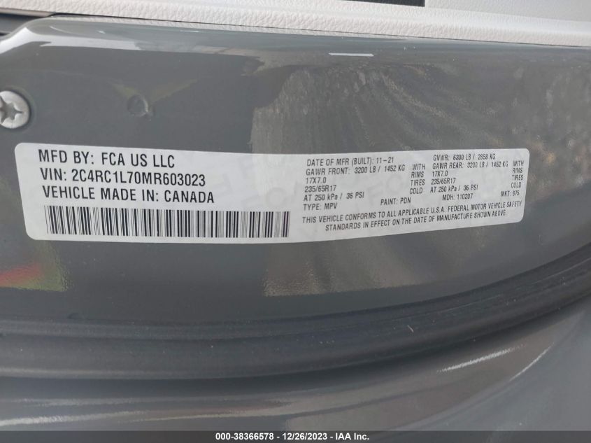 2021 CHRYSLER PACIFICA HYBRID TOURING L 2C4RC1L70MR603023