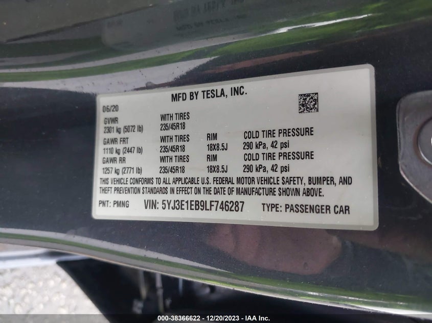 VIN 5YJ3E1EB9LF746287 2020 TESLA MODEL 3 LONG RANGE DUAL MOTOR ALL-WHEEL DRIVE