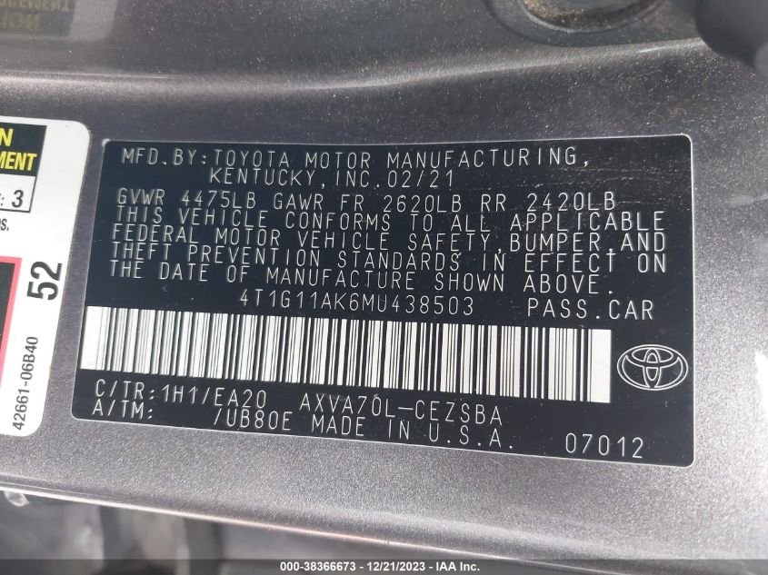 2021 TOYOTA CAMRY SE/SE NIGHT SHADE - 4T1G11AK6MU438503