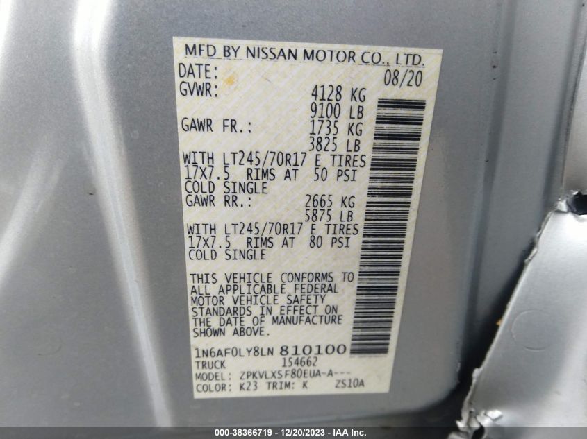 2020 NISSAN NV CARGO NV2500 HD SV HIGH ROOF V8 - 1N6AF0LY8LN810100