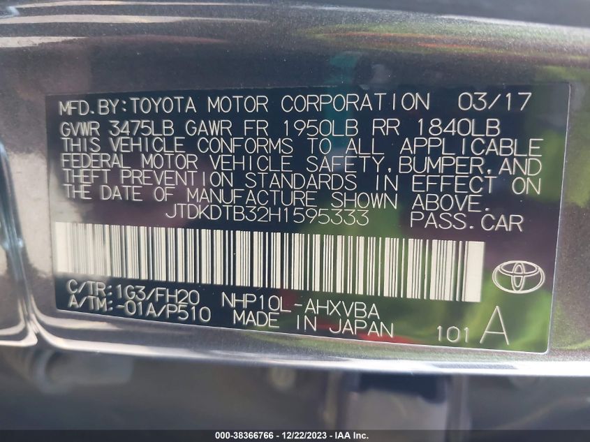 2017 TOYOTA PRIUS C ONE - JTDKDTB32H1595333