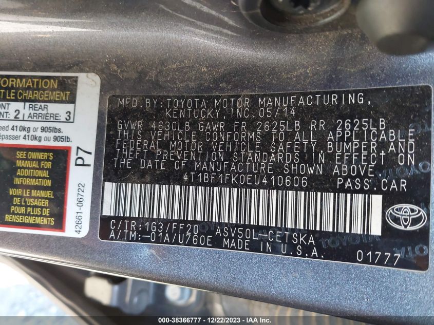 2014 TOYOTA CAMRY L/SE/LE/XLE - 4T1BF1FK0EU410606