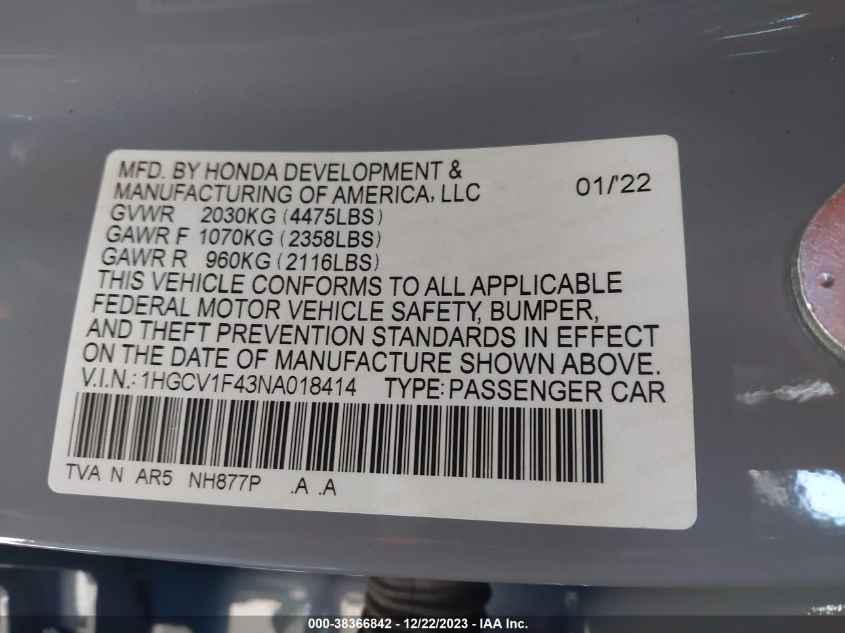 2022 HONDA ACCORD SPORT SE - 1HGCV1F43NA018414