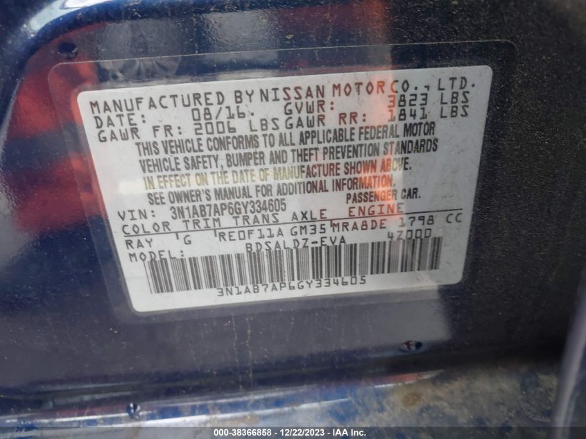 2016 NISSAN SENTRA S/SV/SR/SL - 3N1AB7AP6GY334605