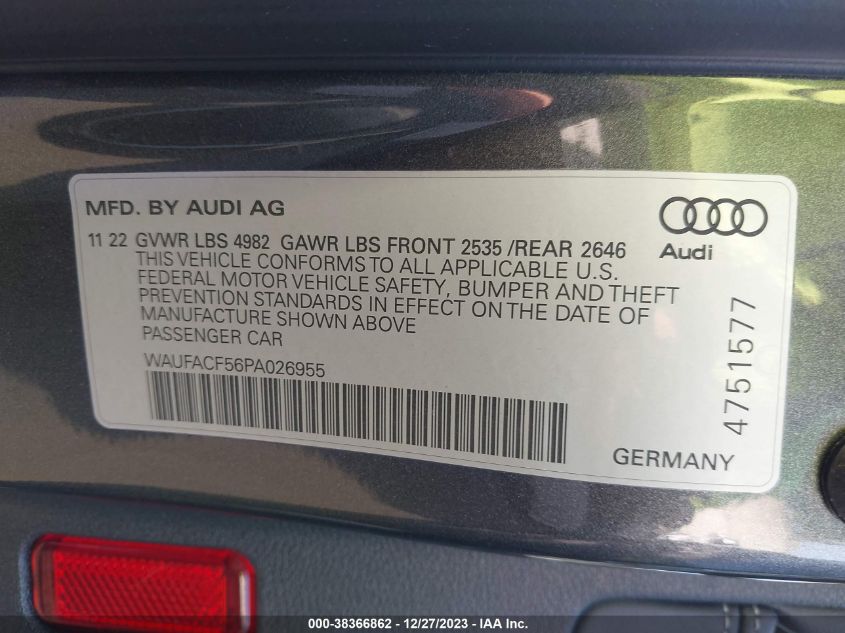 2023 AUDI A5 SPORTBACK PREMIUM PLUS 45 TFSI S LINE QUATTRO S TRONIC - WAUFACF56PA026955