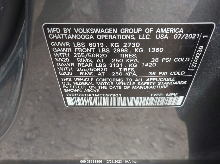 VIN 1V2HR2CA1MC597901 2021 VOLKSWAGEN ATLAS SE