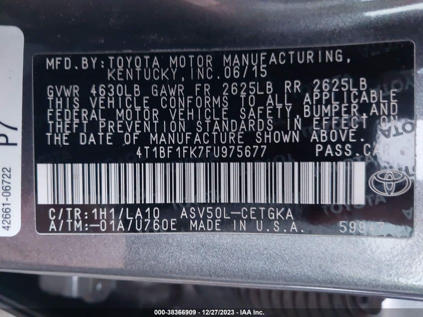 2015 TOYOTA CAMRY LE/XLE/SE/XSE - 4T1BF1FK7FU975677
