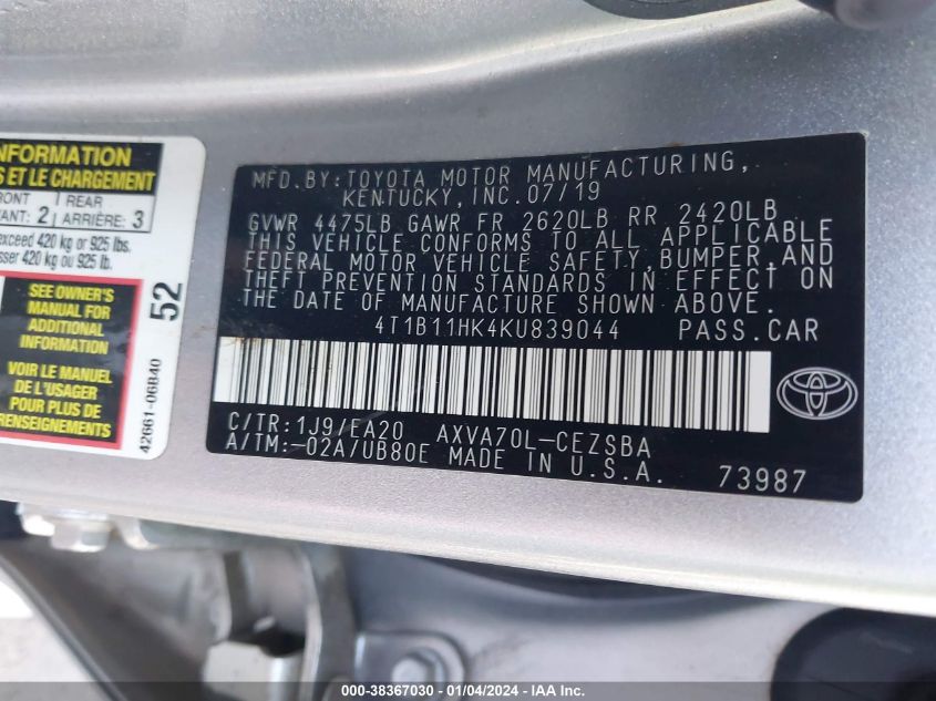 2019 TOYOTA CAMRY SE - 4T1B11HK4KU839044