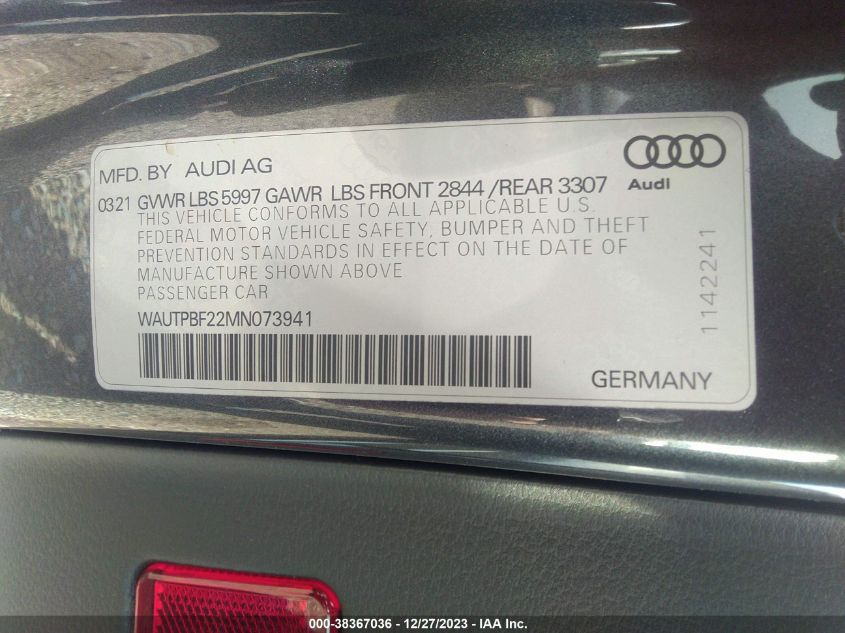 2021 AUDI A7 SPORTBACK PREMIUM PLUS 55 TFSI E QUATTRO S TRONIC WAUTPBF22MN073941