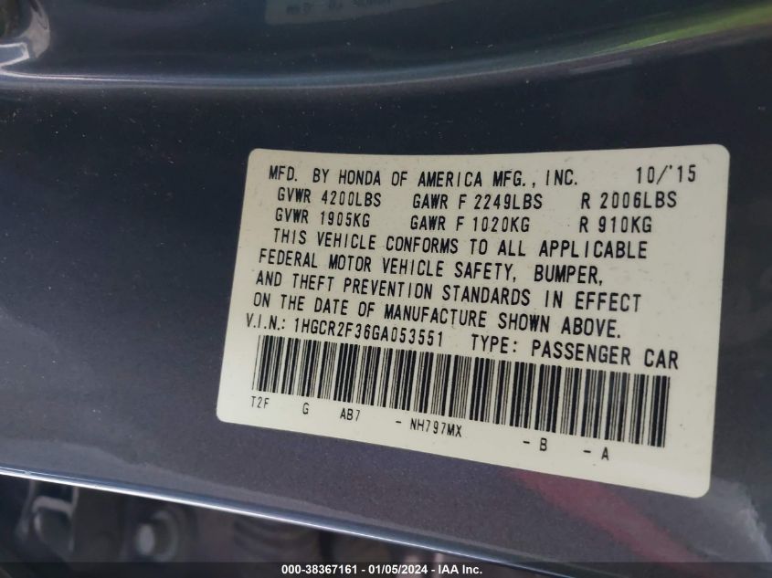 2016 HONDA ACCORD - 1HGCR2S36GA053551