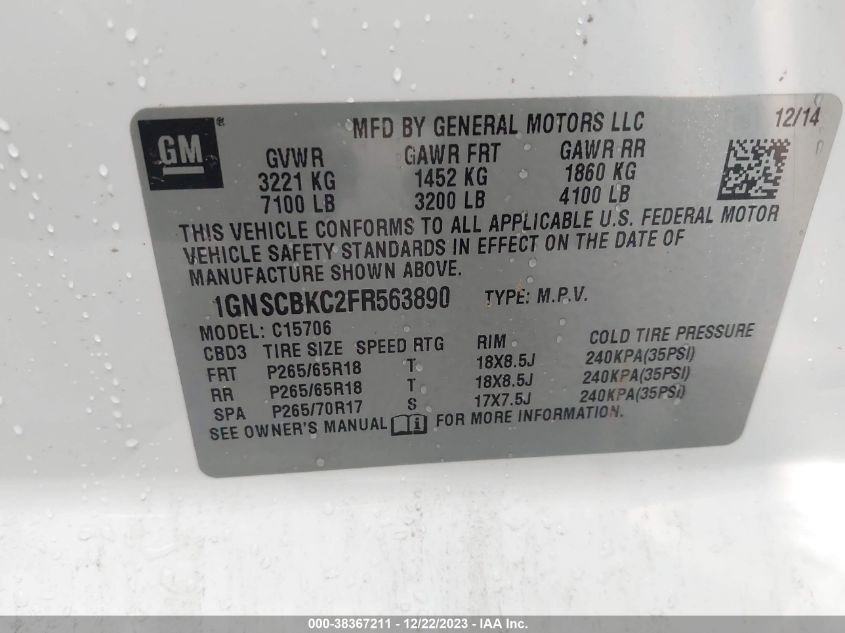2015 CHEVROLET TAHOE LT - 1GNSCBKC2FR563890