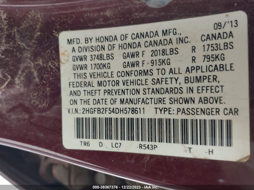 2013 HONDA CIVIC LX - 2HGFB2F54DH578611
