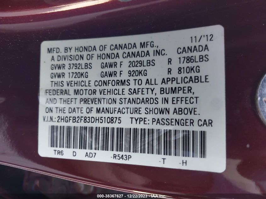 2013 HONDA CIVIC EX - 2HGFB2F83DH510875