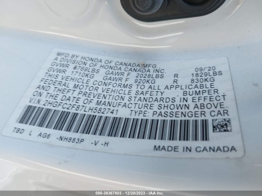 2020 HONDA CIVIC SPORT - 2HGFC2F87LH582741