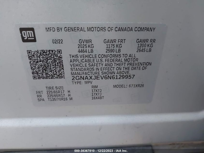 2022 CHEVROLET EQUINOX LT - 2GNAXJEV6N6129957
