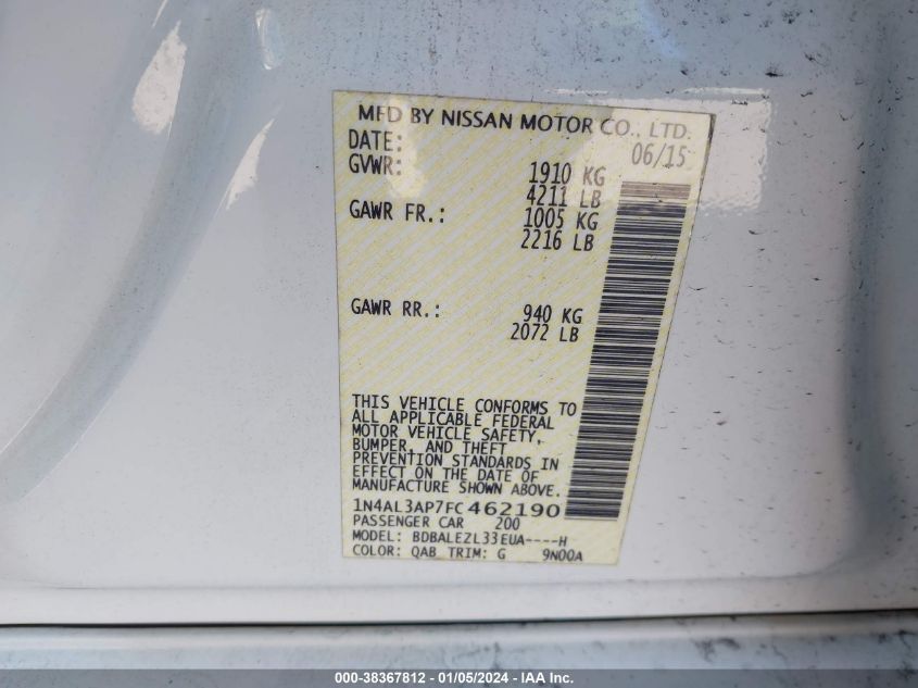 2015 NISSAN ALTIMA 2.5/S/SV/SL - 1N4AL3AP7FC462190