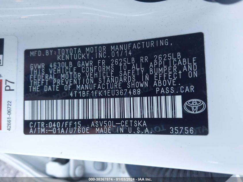 2014 TOYOTA CAMRY L/SE/LE/XLE - 4T1BF1FK1EU367488