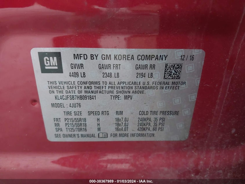 VIN KL4CJFSB7HB091841 2017 BUICK ENCORE PREFERRED II