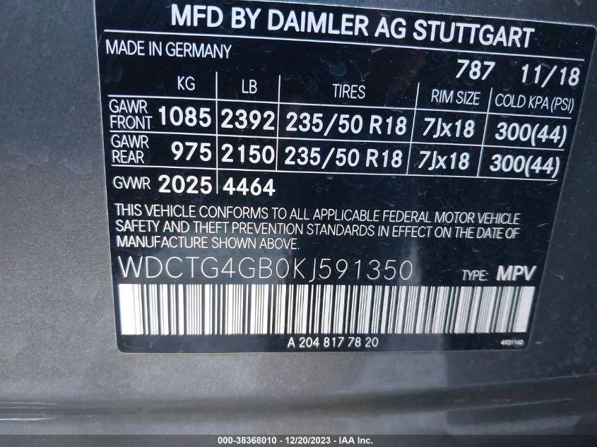 2019 MERCEDES-BENZ GLA 250 4MATIC WDCTG4GB0KJ591350